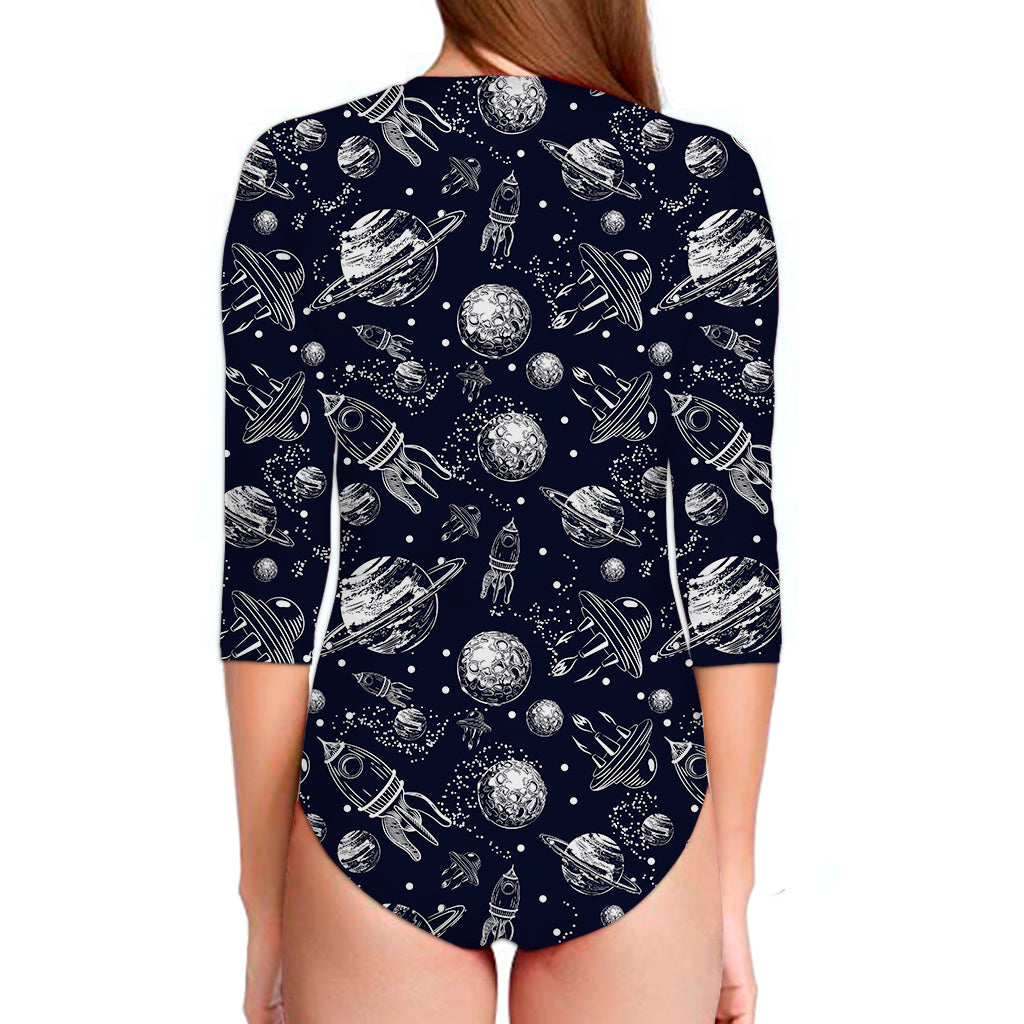 Galaxy UFO Pattern Print Long Sleeve Swimsuit