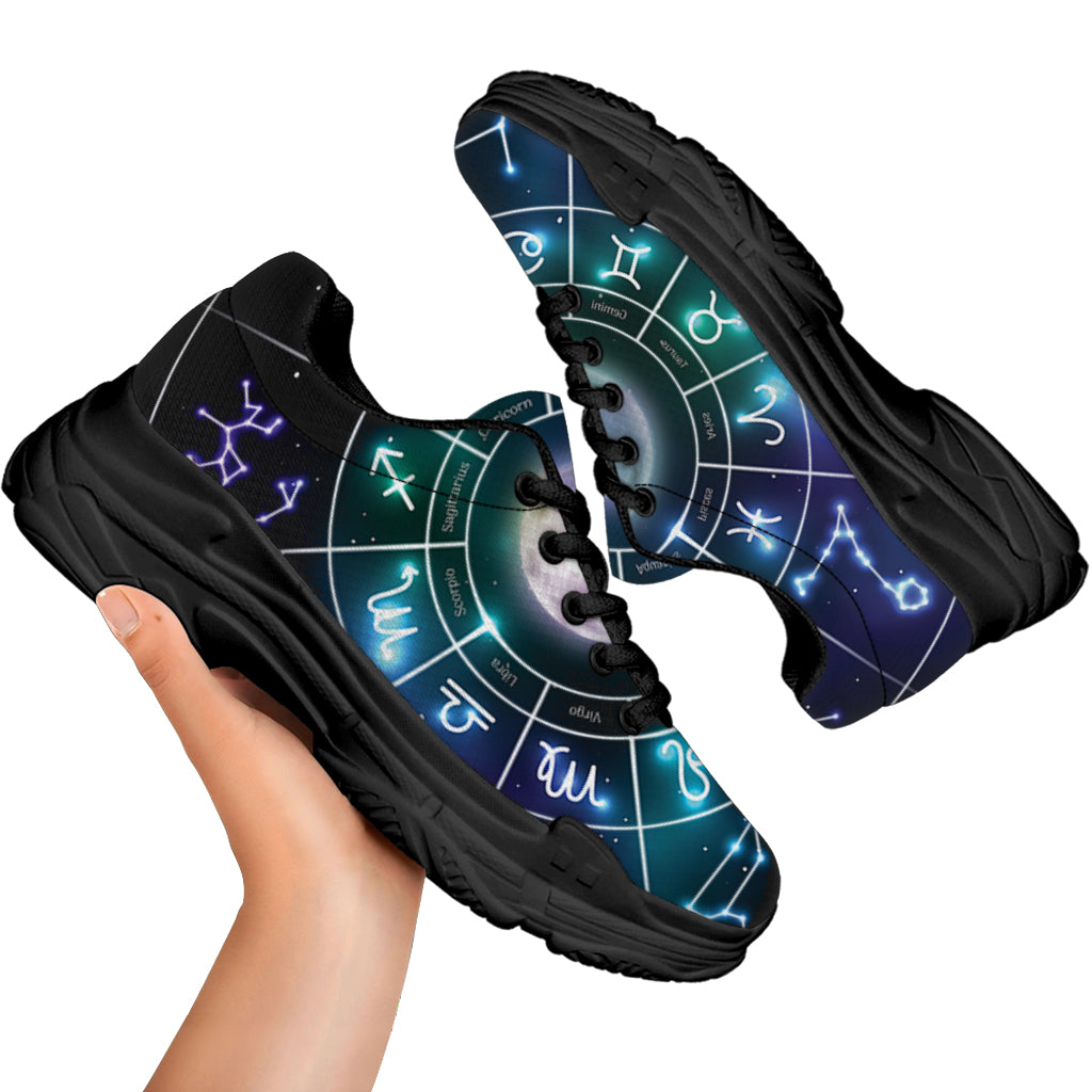 Galaxy Zodiac Wheel Print Black Chunky Shoes