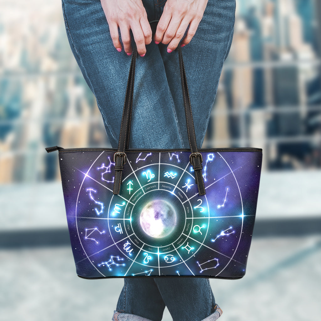 Galaxy Zodiac Wheel Print Leather Tote Bag