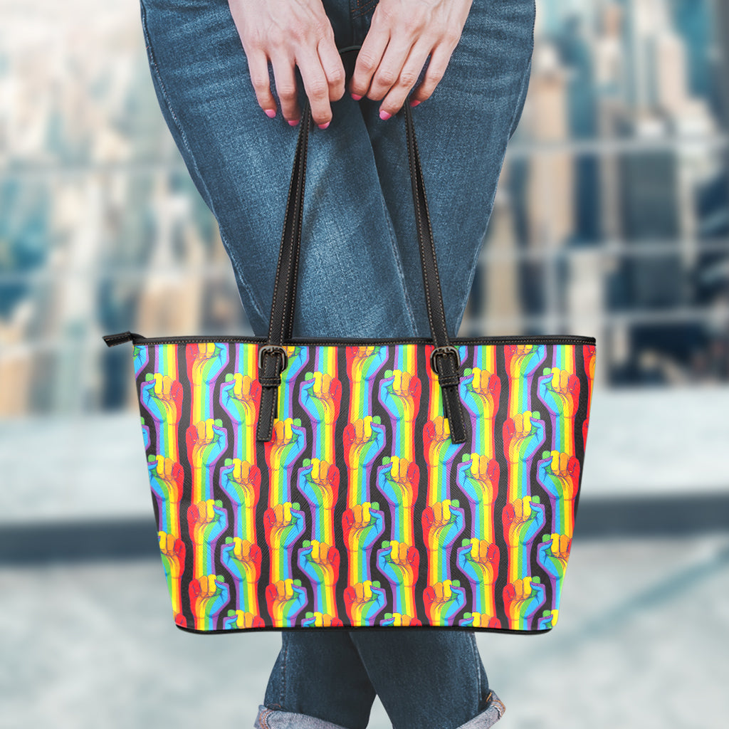 Gay Pride Hand Sign Pattern Print Leather Tote Bag
