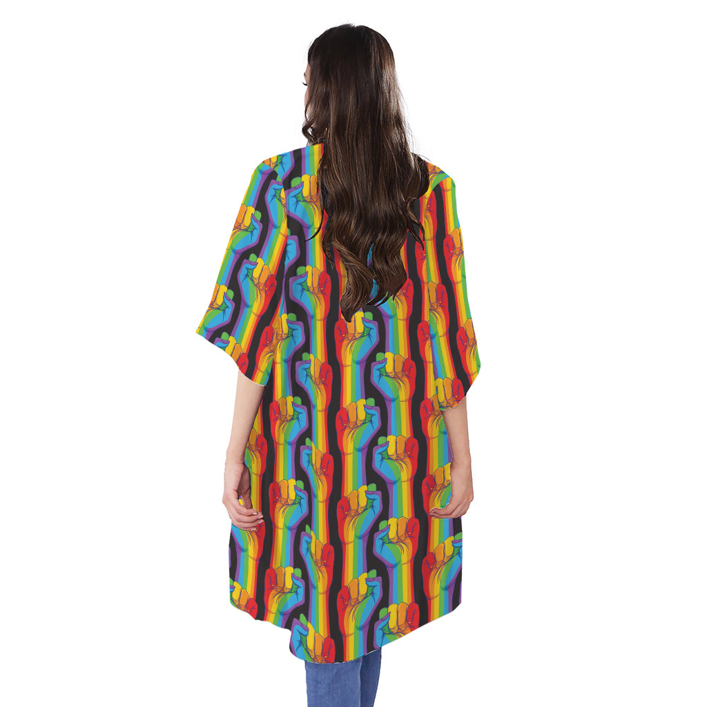Gay Pride Hand Sign Pattern Print Open Front Beach Cover Up