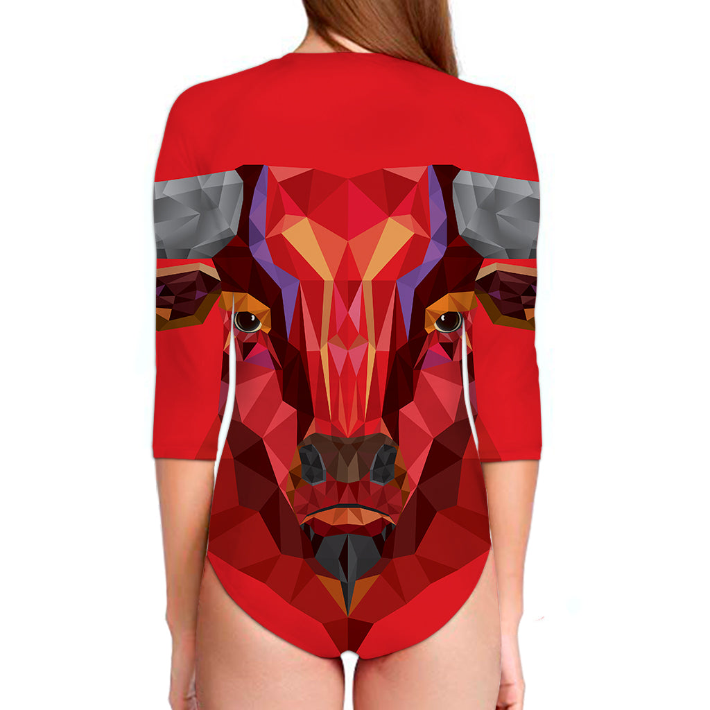 Geometric Bull Skull Print Long Sleeve Swimsuit