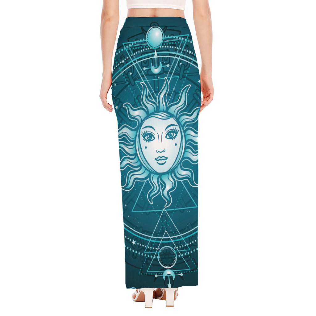 Geometric Celestial Sun And Moon Print High Slit Maxi Skirt