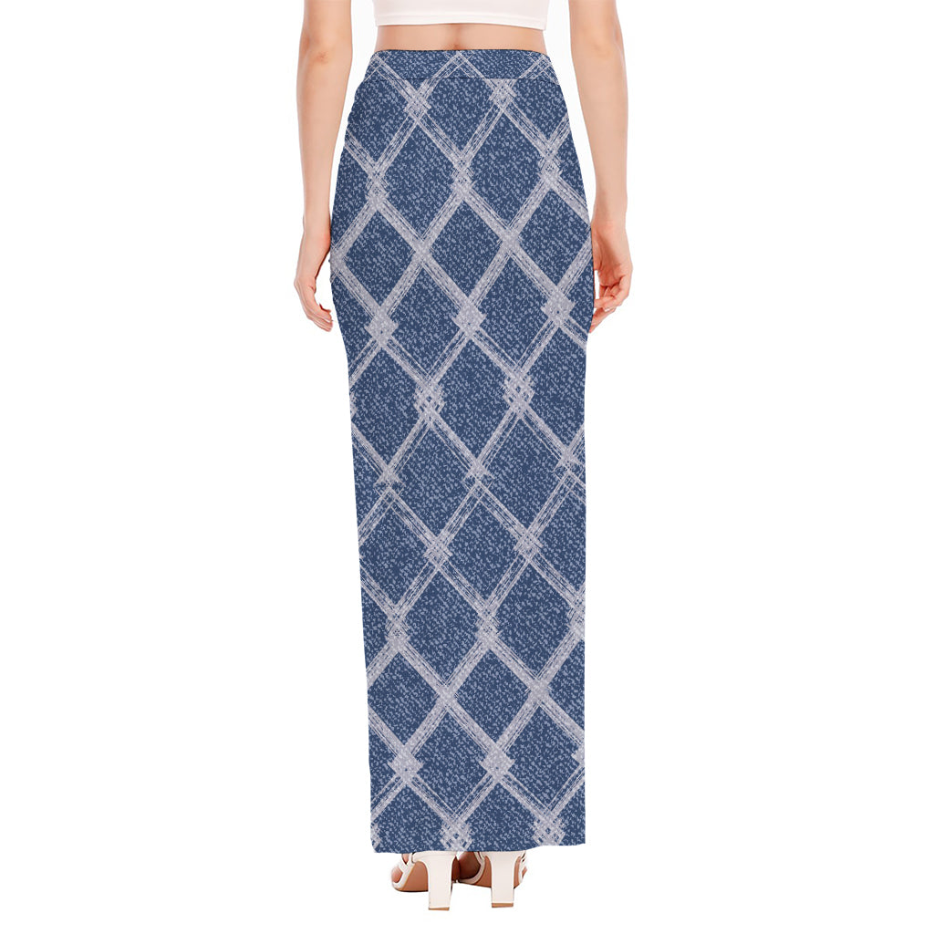 Geometric Denim Jeans Pattern Print High Slit Maxi Skirt
