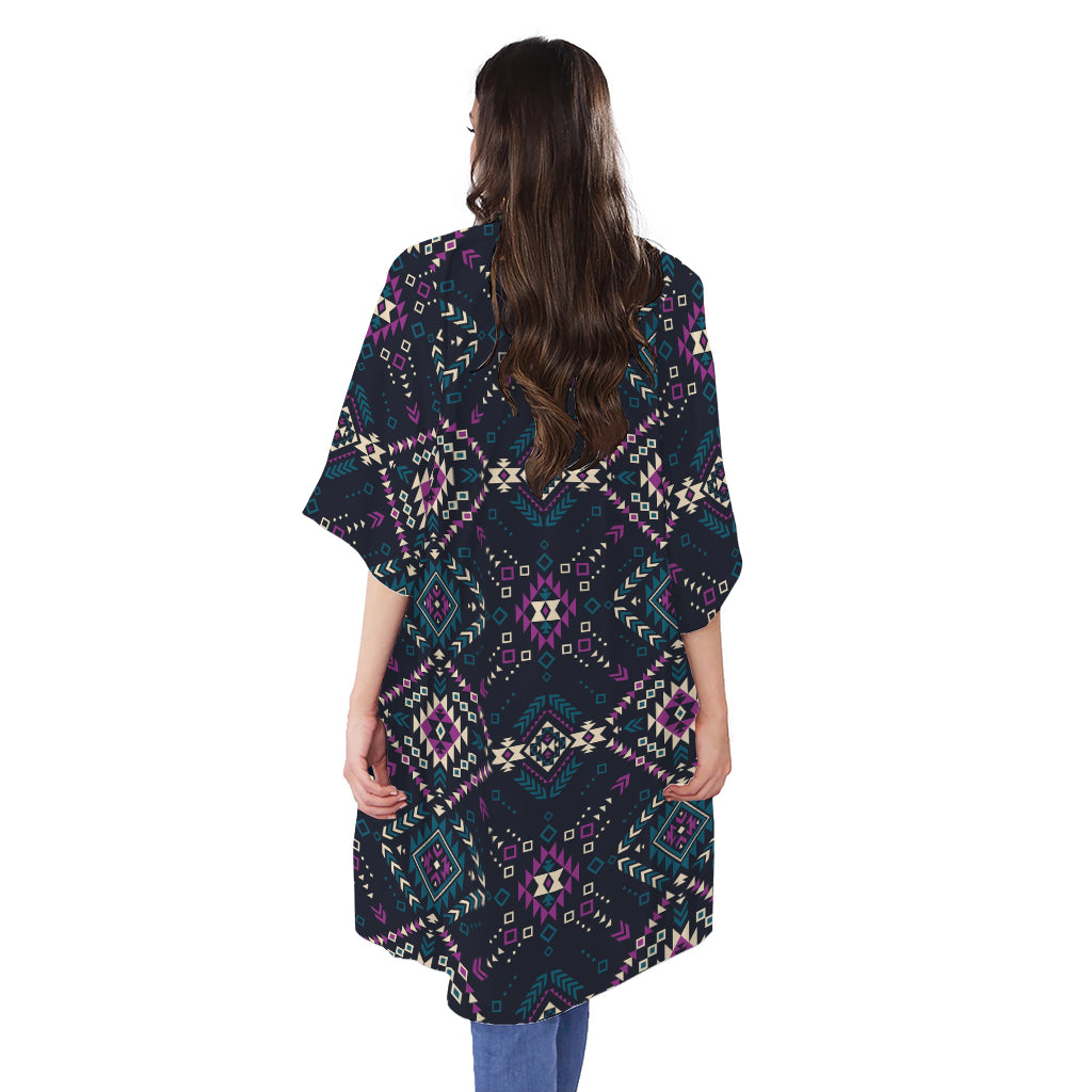 Geometric Ethnic Navajo Pattern Print Open Front Beach Cover Up