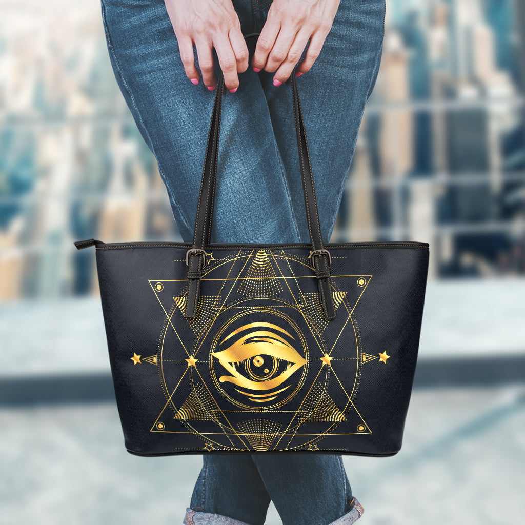 Geometric Eye of Providence Print Leather Tote Bag