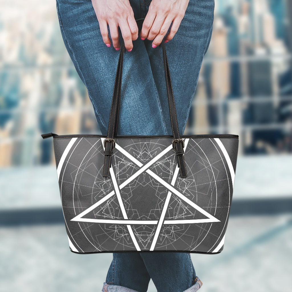 Geometric Inverted Pentagram Print Leather Tote Bag