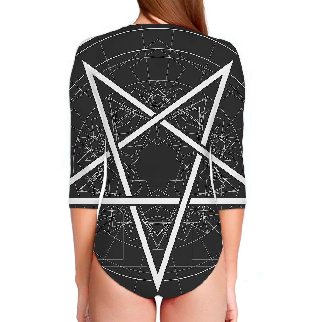 Geometric Inverted Pentagram Print Long Sleeve Swimsuit
