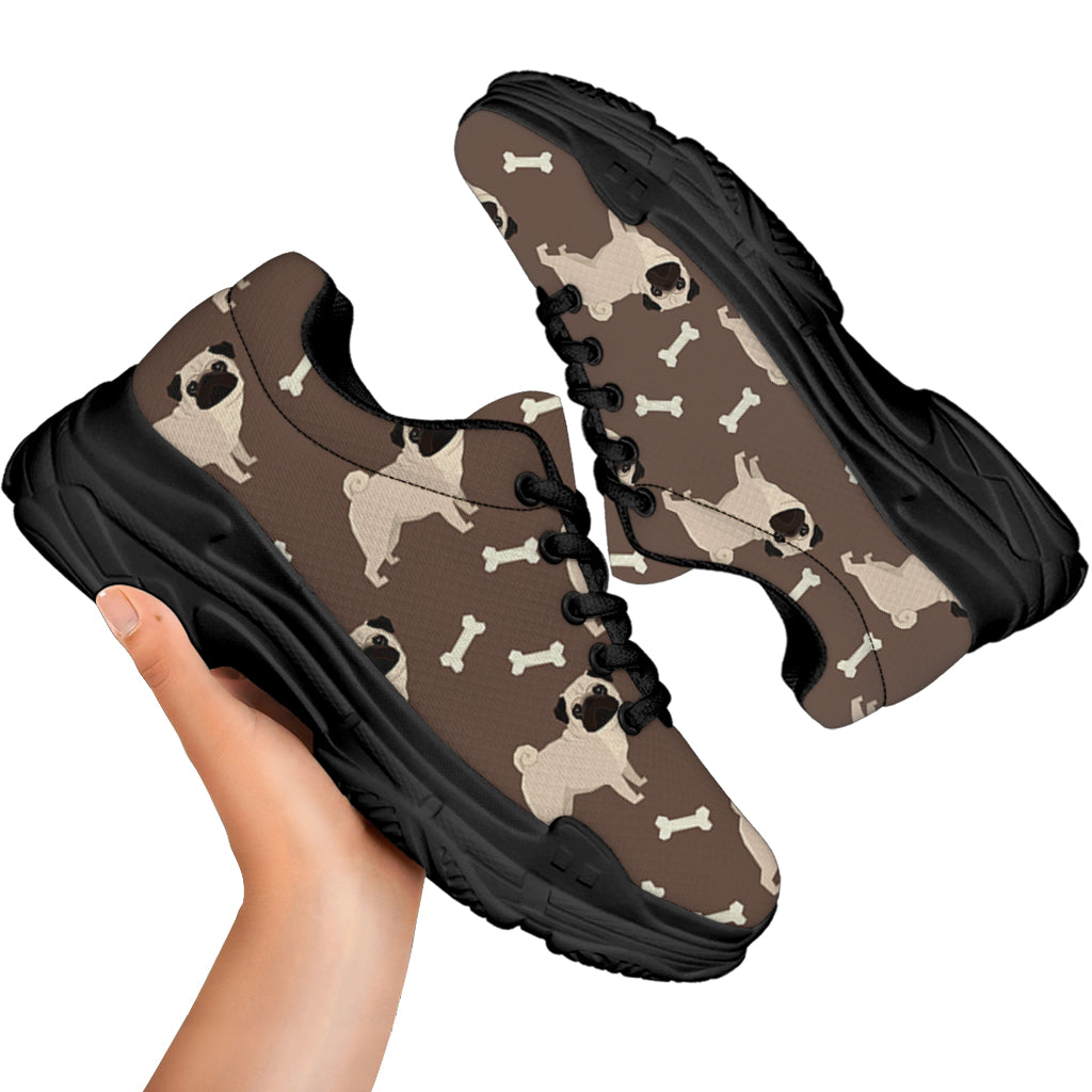 Geometric Pug Pattern Print Black Chunky Shoes