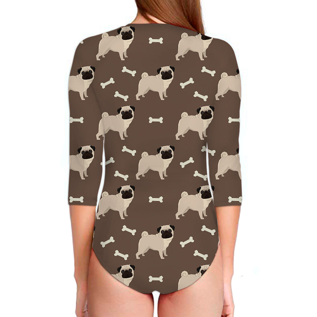 Geometric Pug Pattern Print Long Sleeve Swimsuit