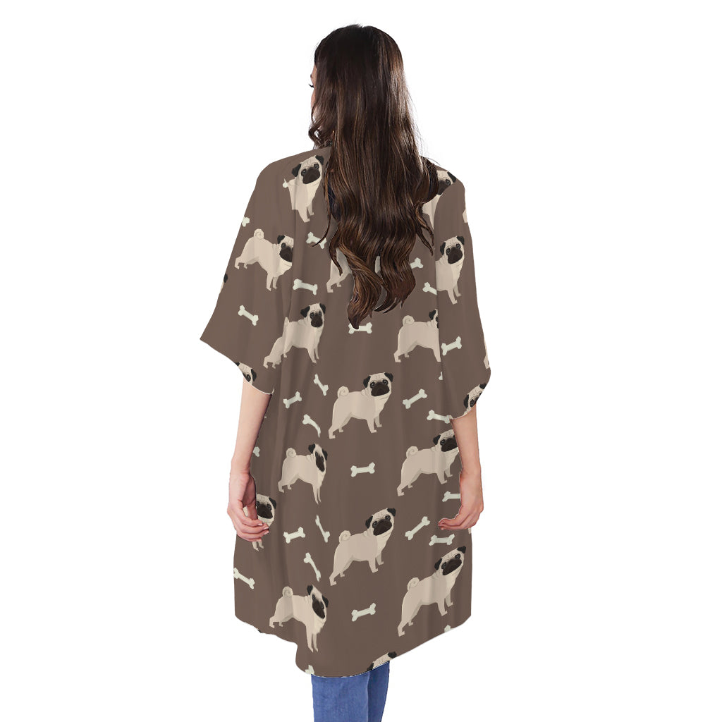 Geometric Pug Pattern Print Open Front Beach Cover Up