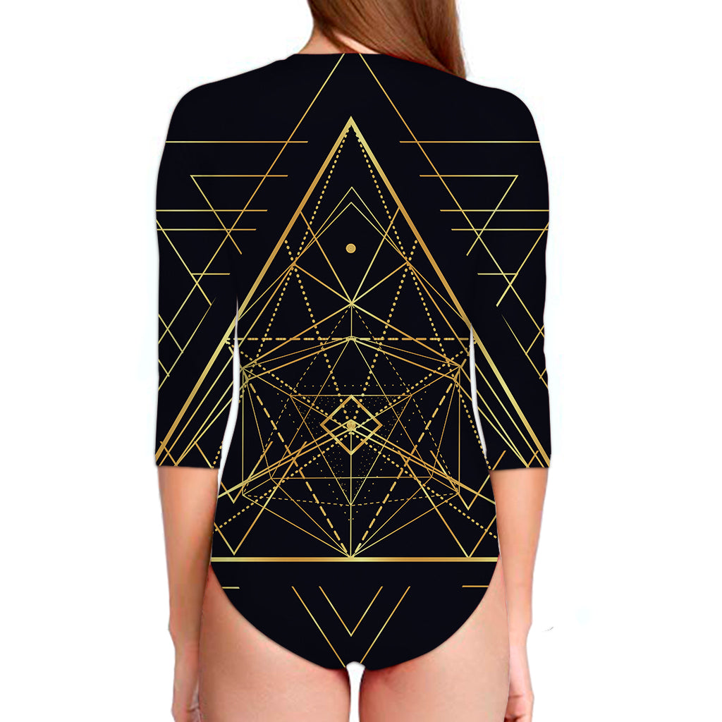 Geometric Pyramid Print Long Sleeve Swimsuit