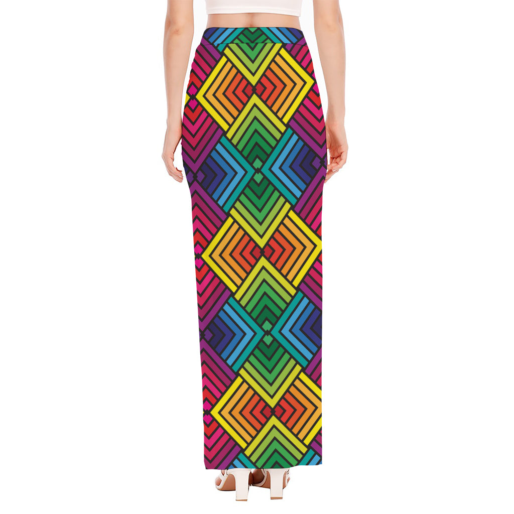 Geometric Rainbow Pattern Print High Slit Maxi Skirt