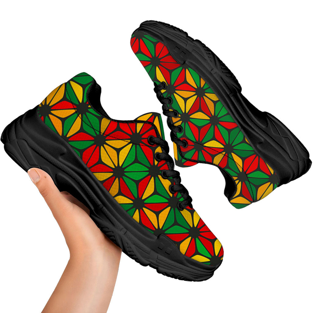 Geometric Reggae Pattern Print Black Chunky Shoes