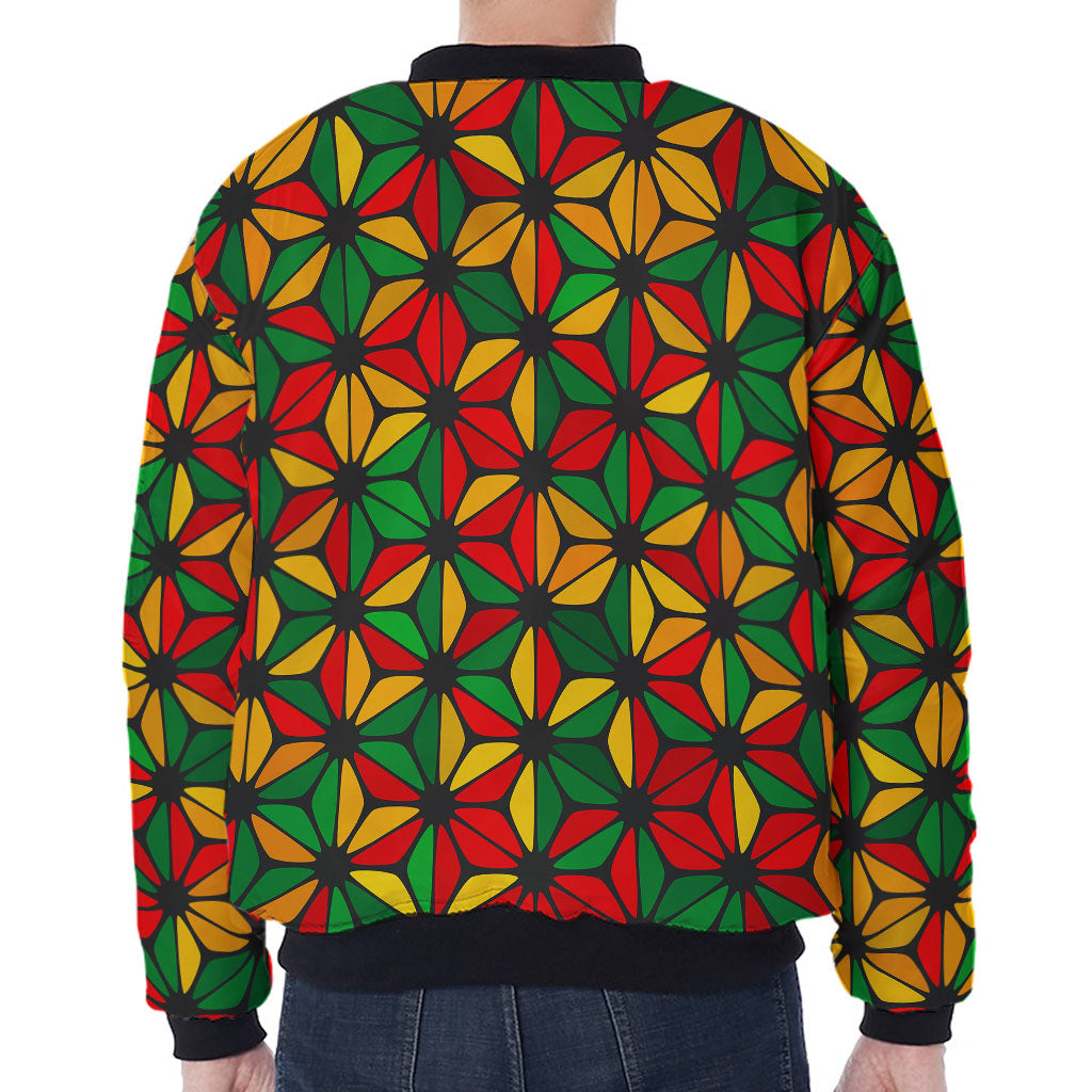 Geometric Reggae Pattern Print Zip Sleeve Bomber Jacket