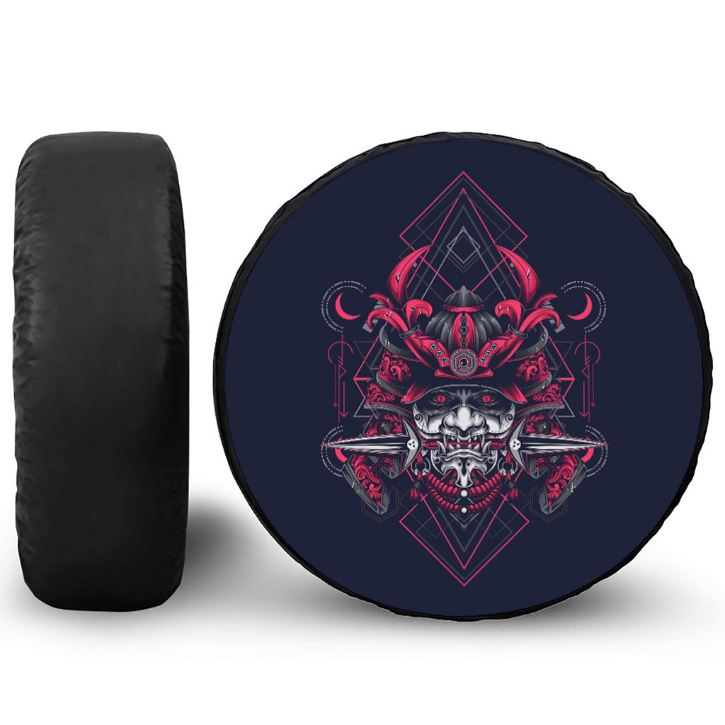 Geometric Samurai Mask Print Leather Spare Tire Cover