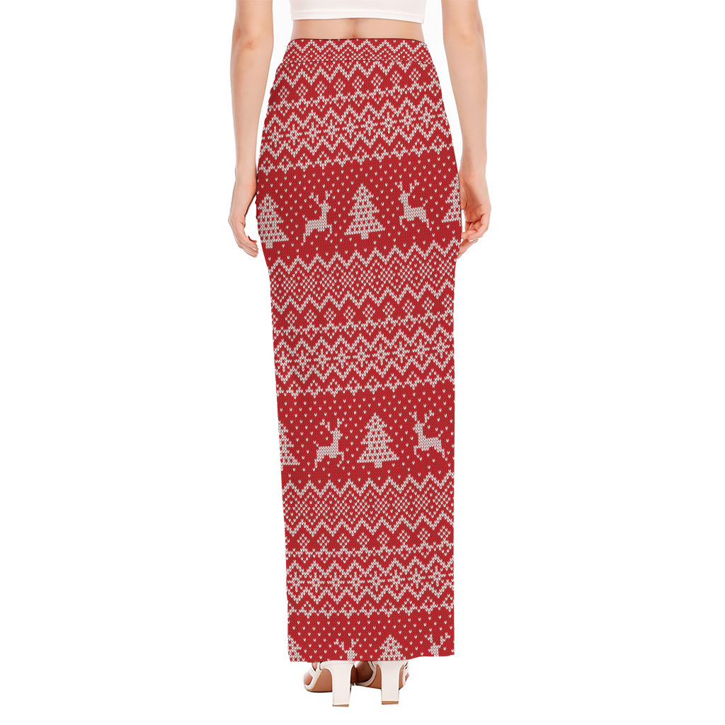 Geometric Xmas Knitted Pattern Print High Slit Maxi Skirt