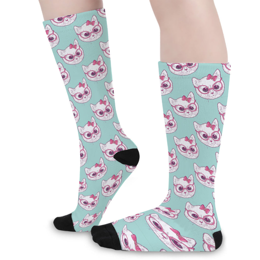 Girly Cat With Glasses Pattern Print Long Socks
