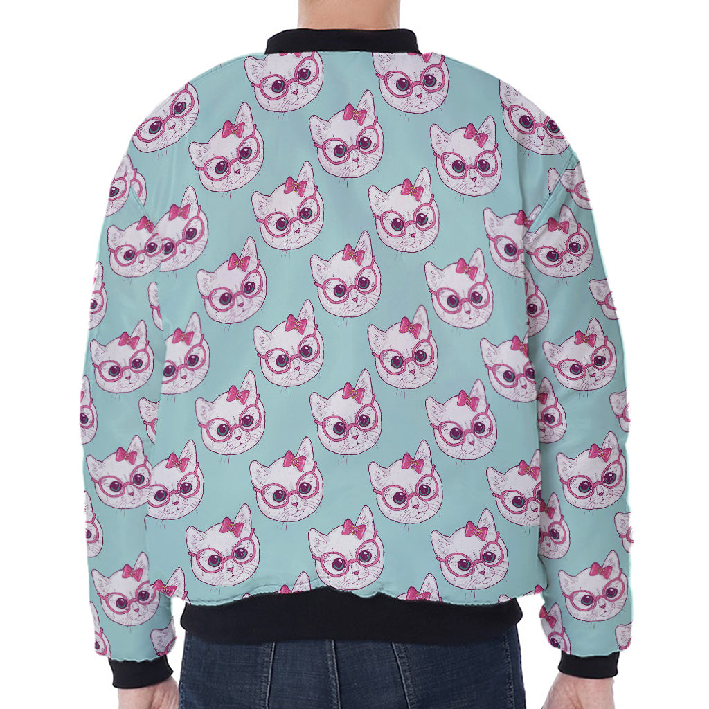 Girly Cat With Glasses Pattern Print Zip Sleeve Bomber Jacket