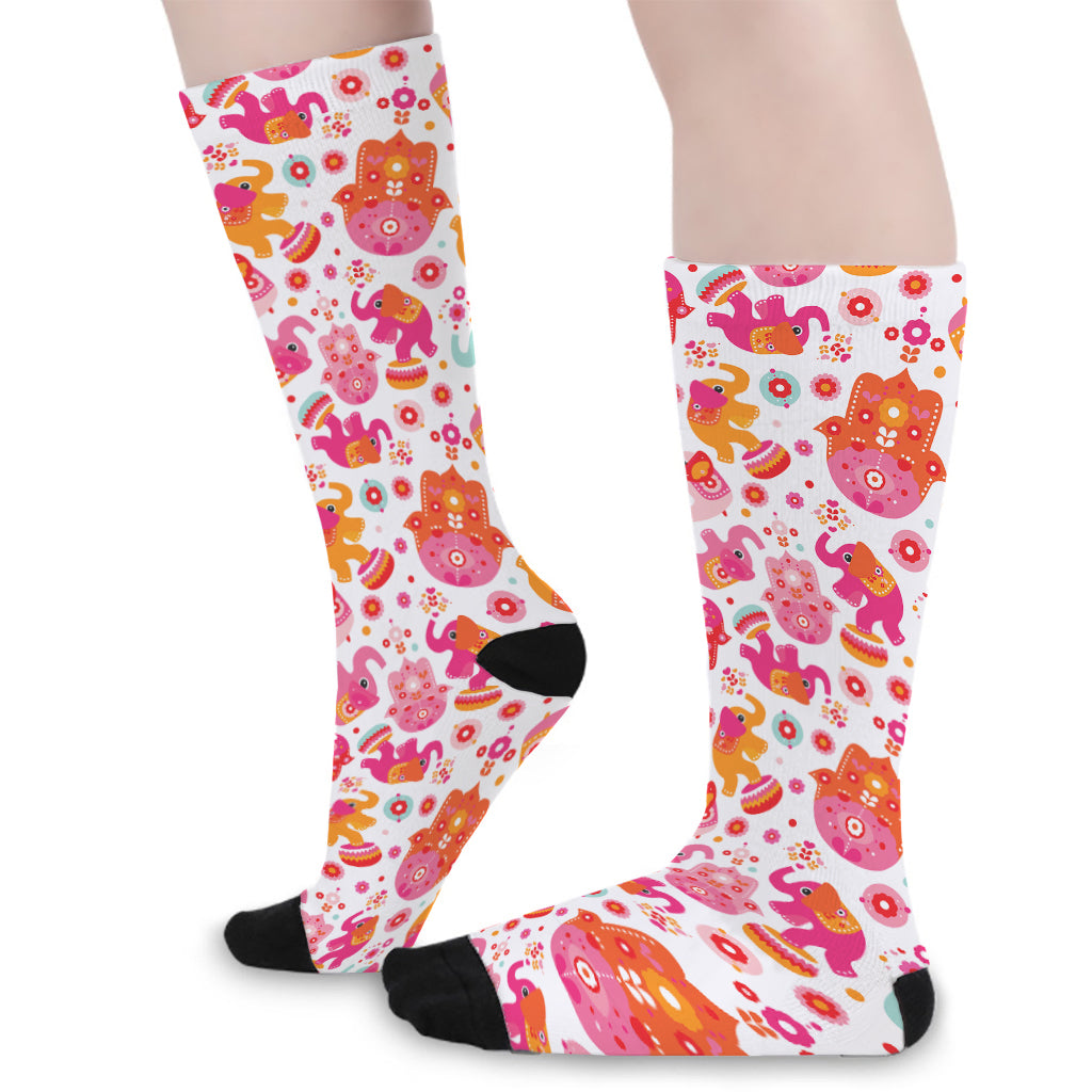 Girly Elephant And Hamsa Pattern Print Long Socks