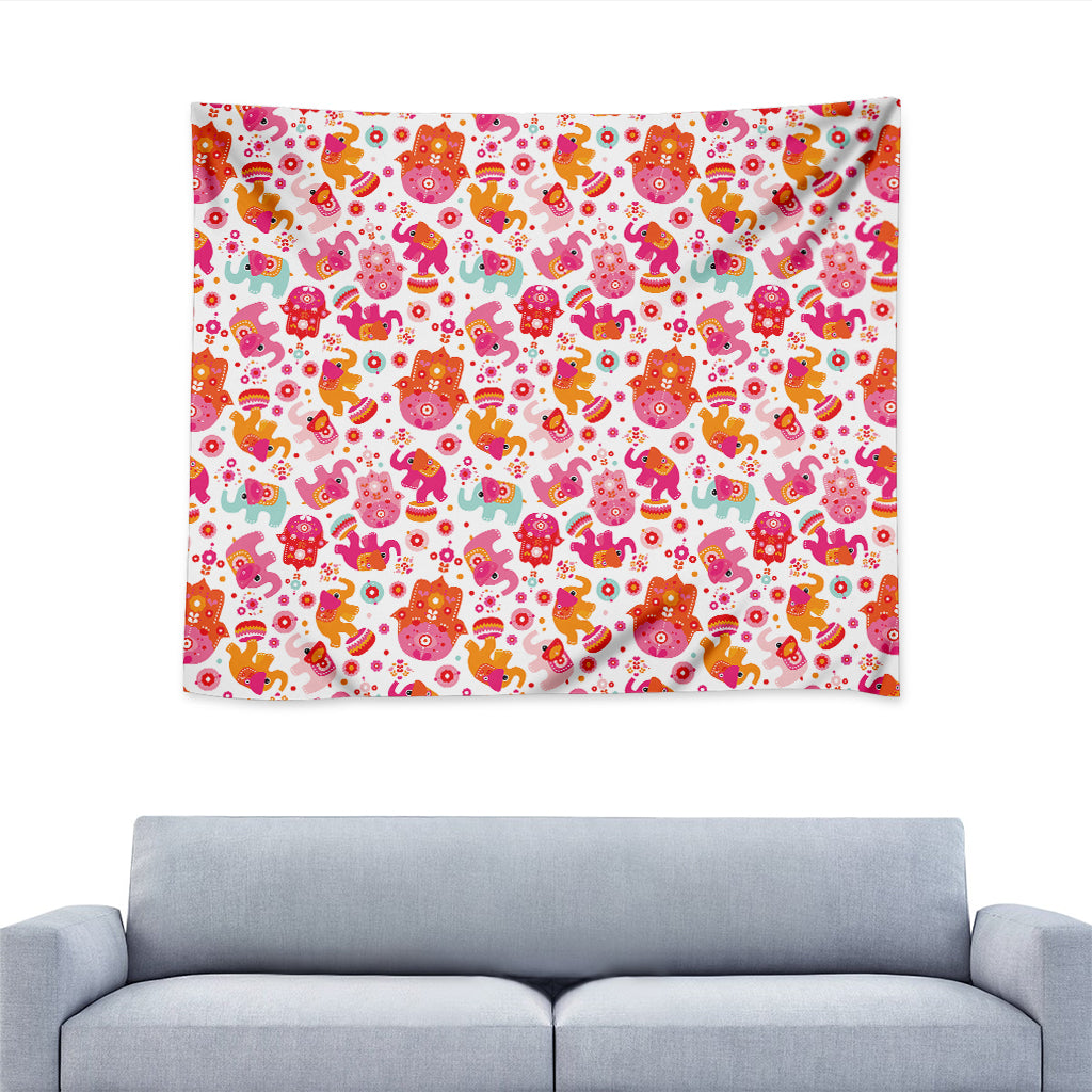 Girly Elephant And Hamsa Pattern Print Tapestry