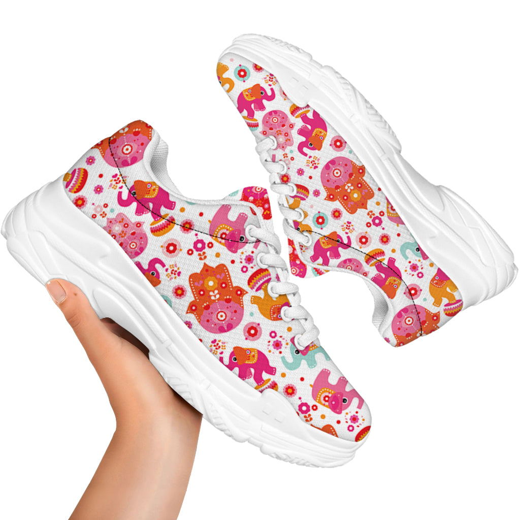 Girly Elephant And Hamsa Pattern Print White Chunky Shoes