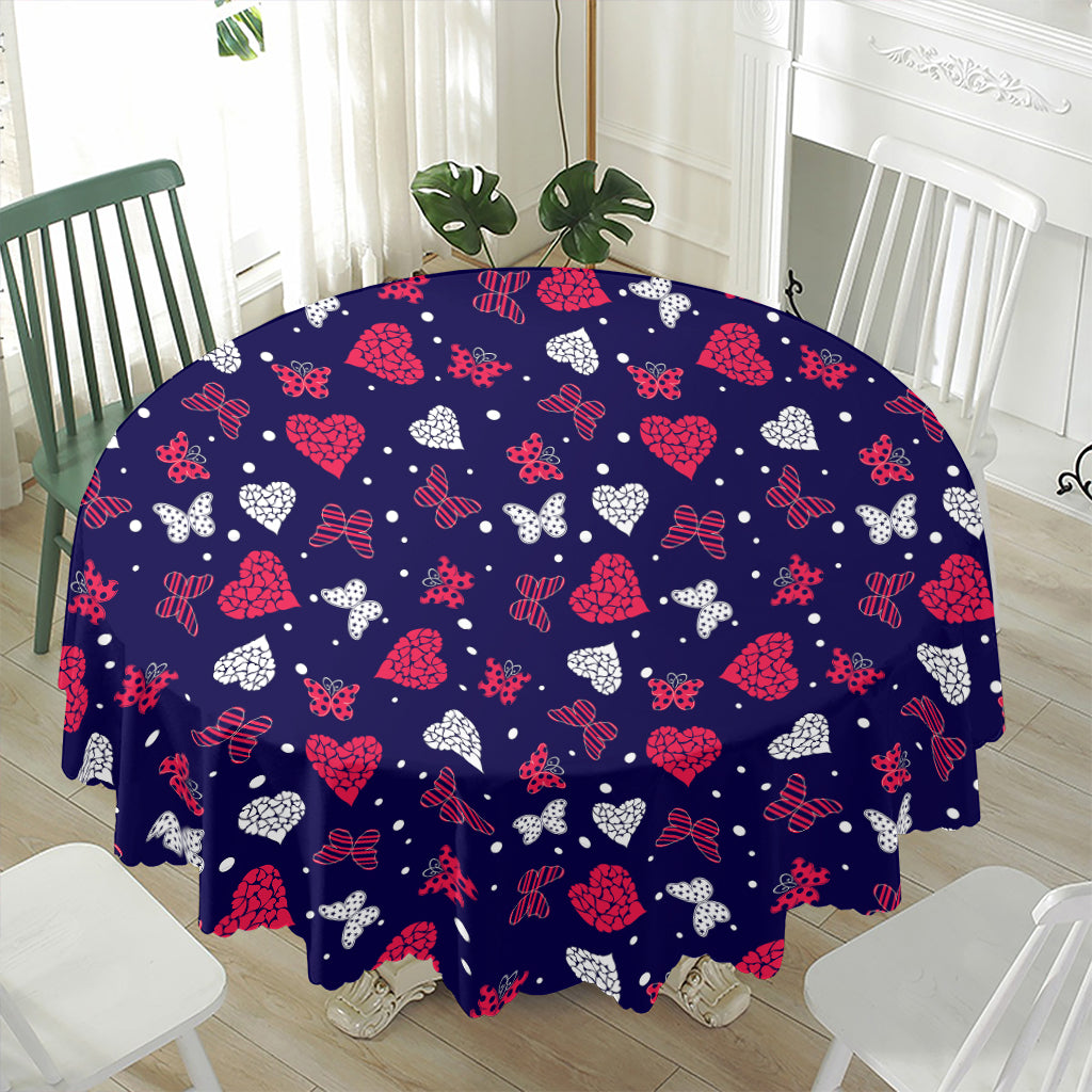 Girly Heart And Butterfly Pattern Print Waterproof Round Tablecloth