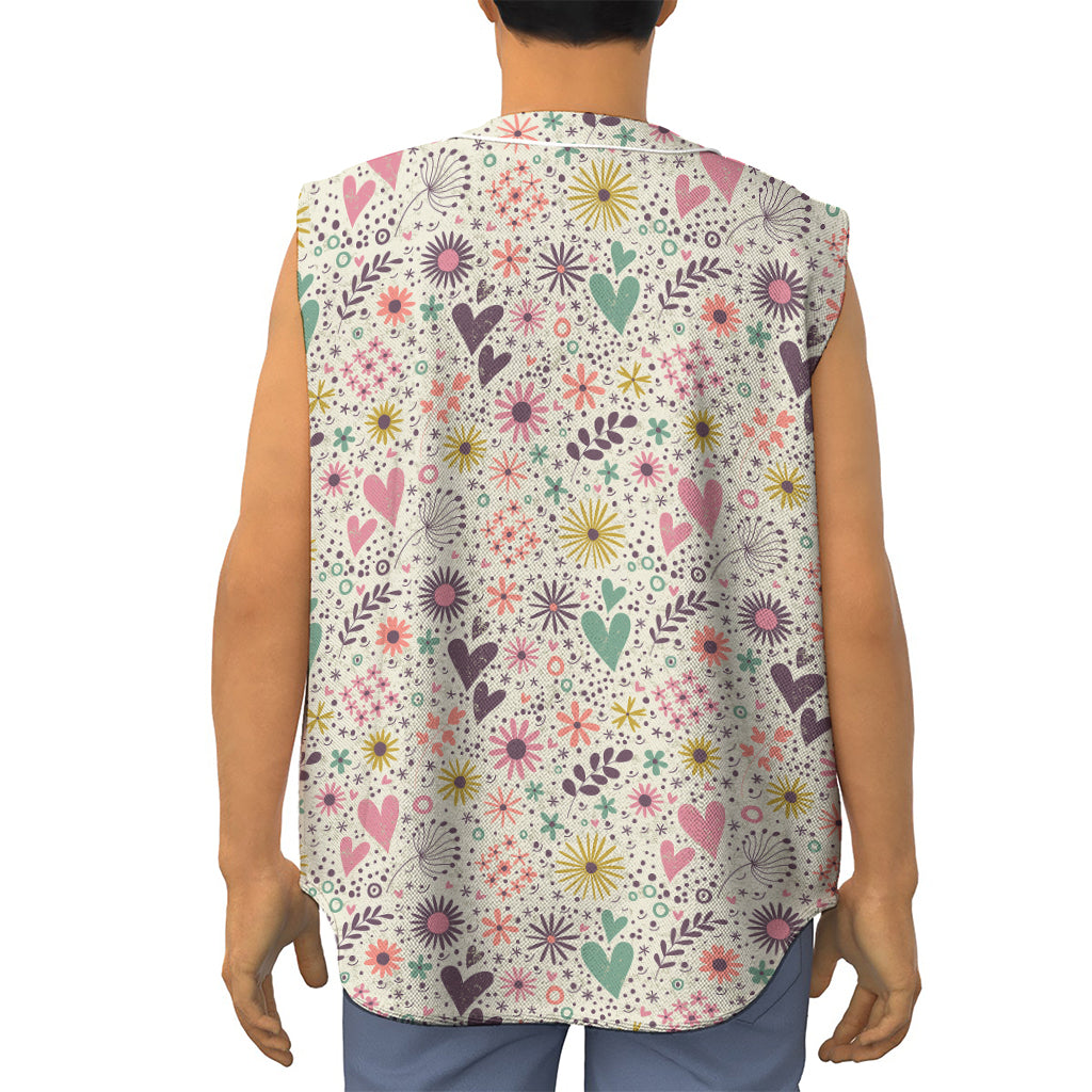 Girly Heart And Flower Pattern Print Sleeveless Baseball Jersey