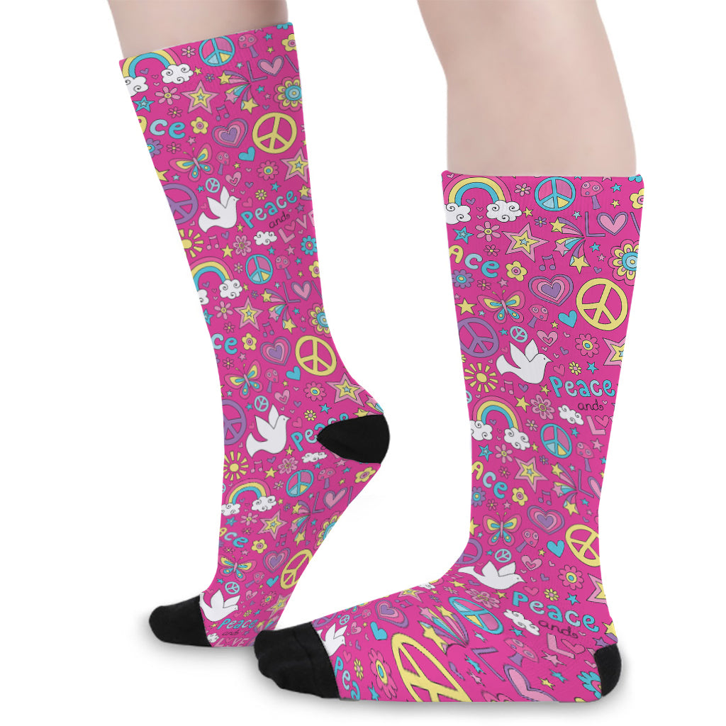 Girly Peace Sign And Love Pattern Print Long Socks