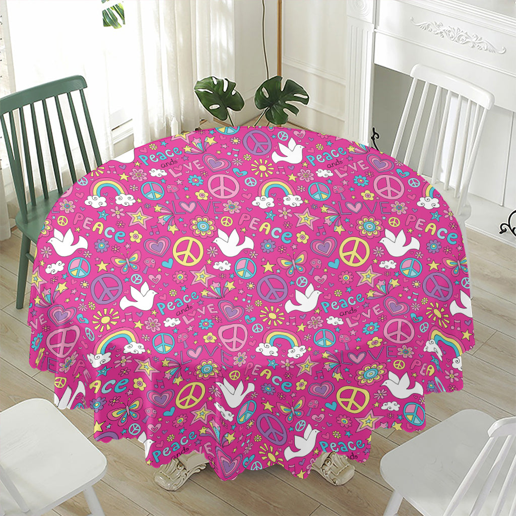 Girly Peace Sign And Love Pattern Print Waterproof Round Tablecloth
