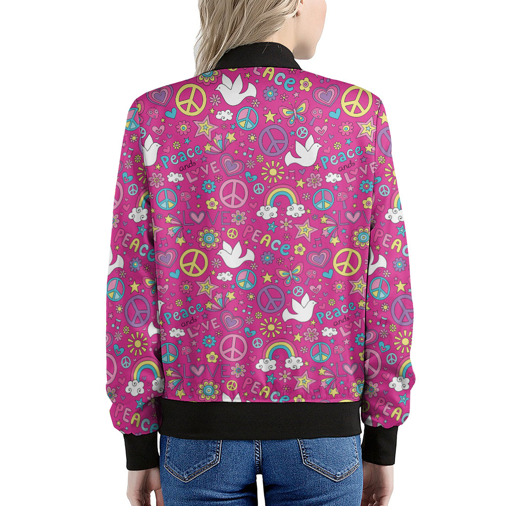 Girly Peace Sign And Love Pattern Print Women's Bomber Jacket