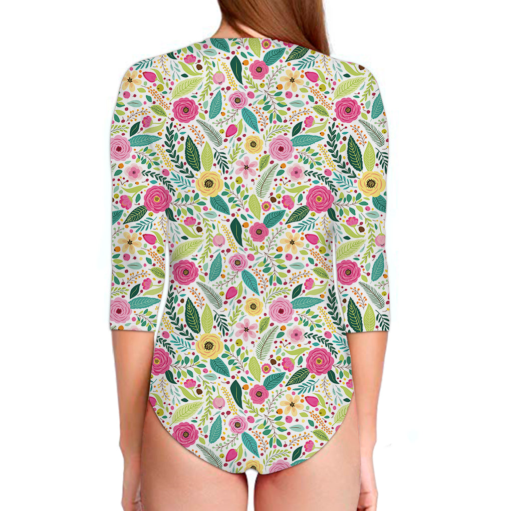 Girly Spring Flower Pattern Print Long Sleeve Swimsuit