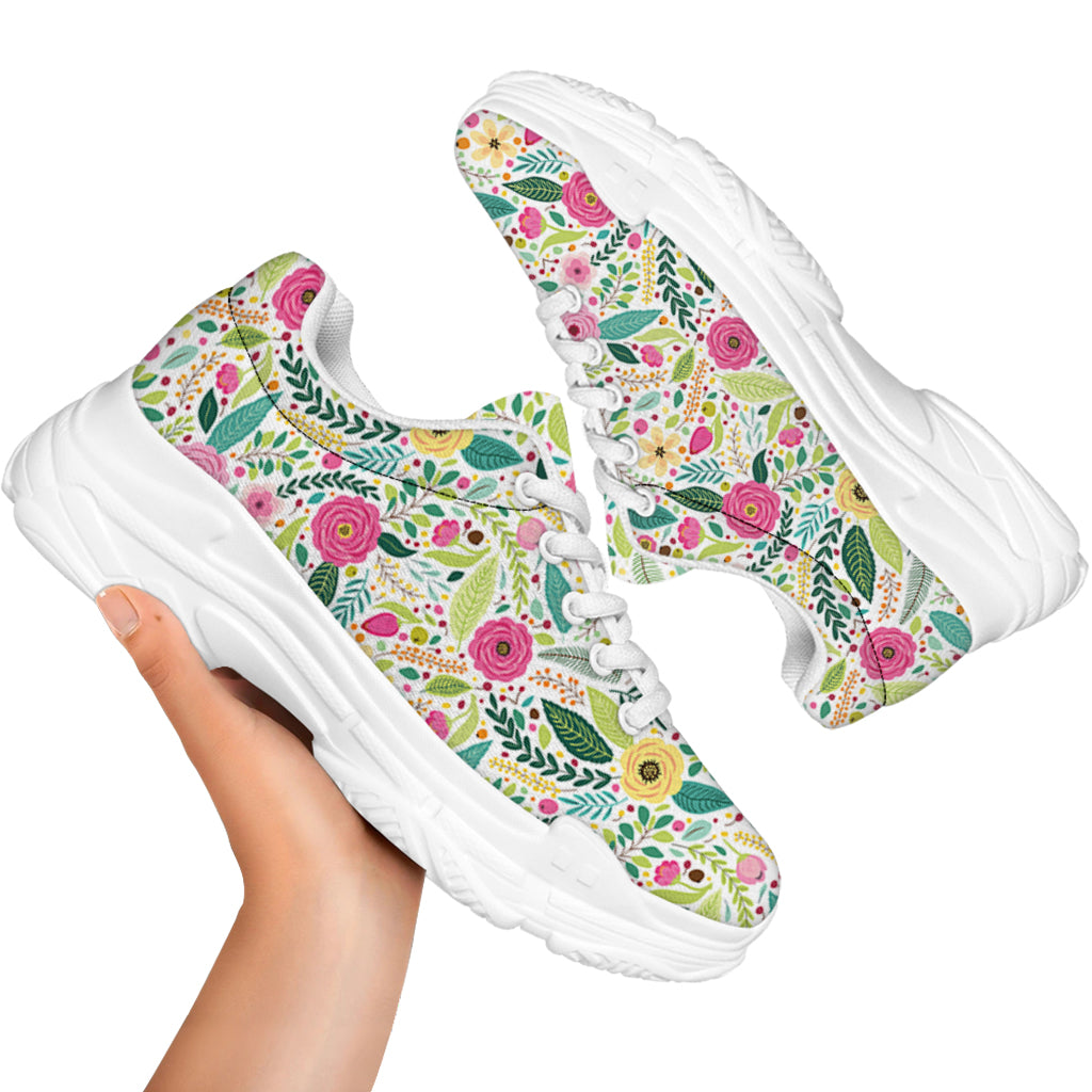 Girly Spring Flower Pattern Print White Chunky Shoes