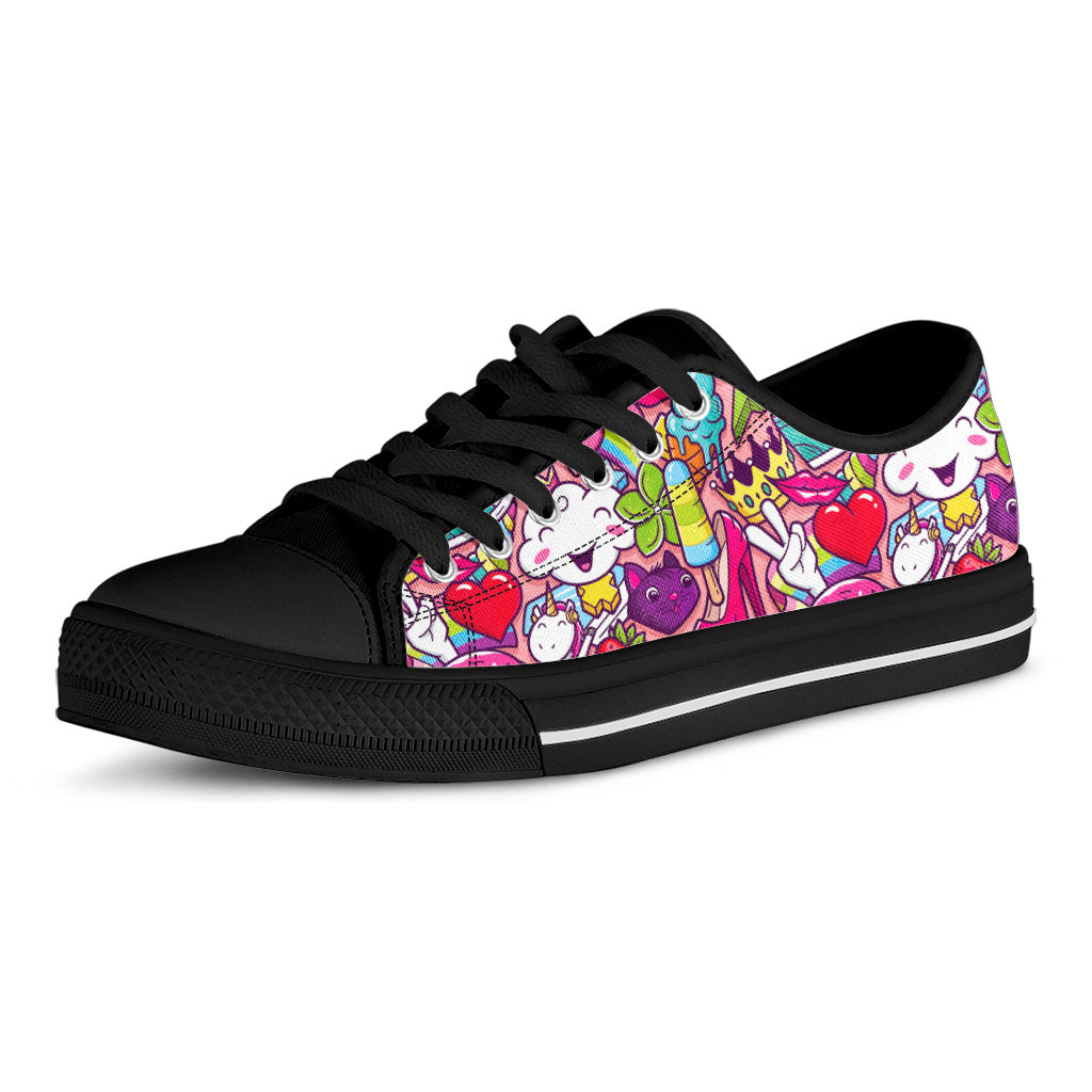 Girly Unicorn Cartoon Pattern Print Black Low Top Sneakers