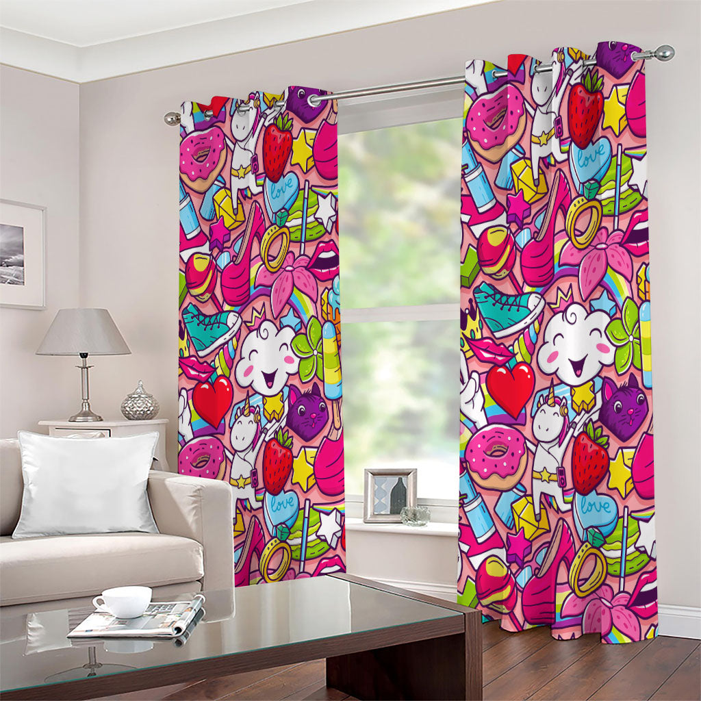 Girly Unicorn Cartoon Pattern Print Extra Wide Grommet Curtains