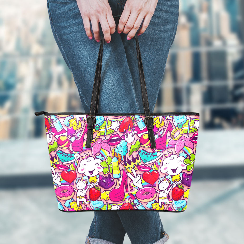 Girly Unicorn Cartoon Pattern Print Leather Tote Bag
