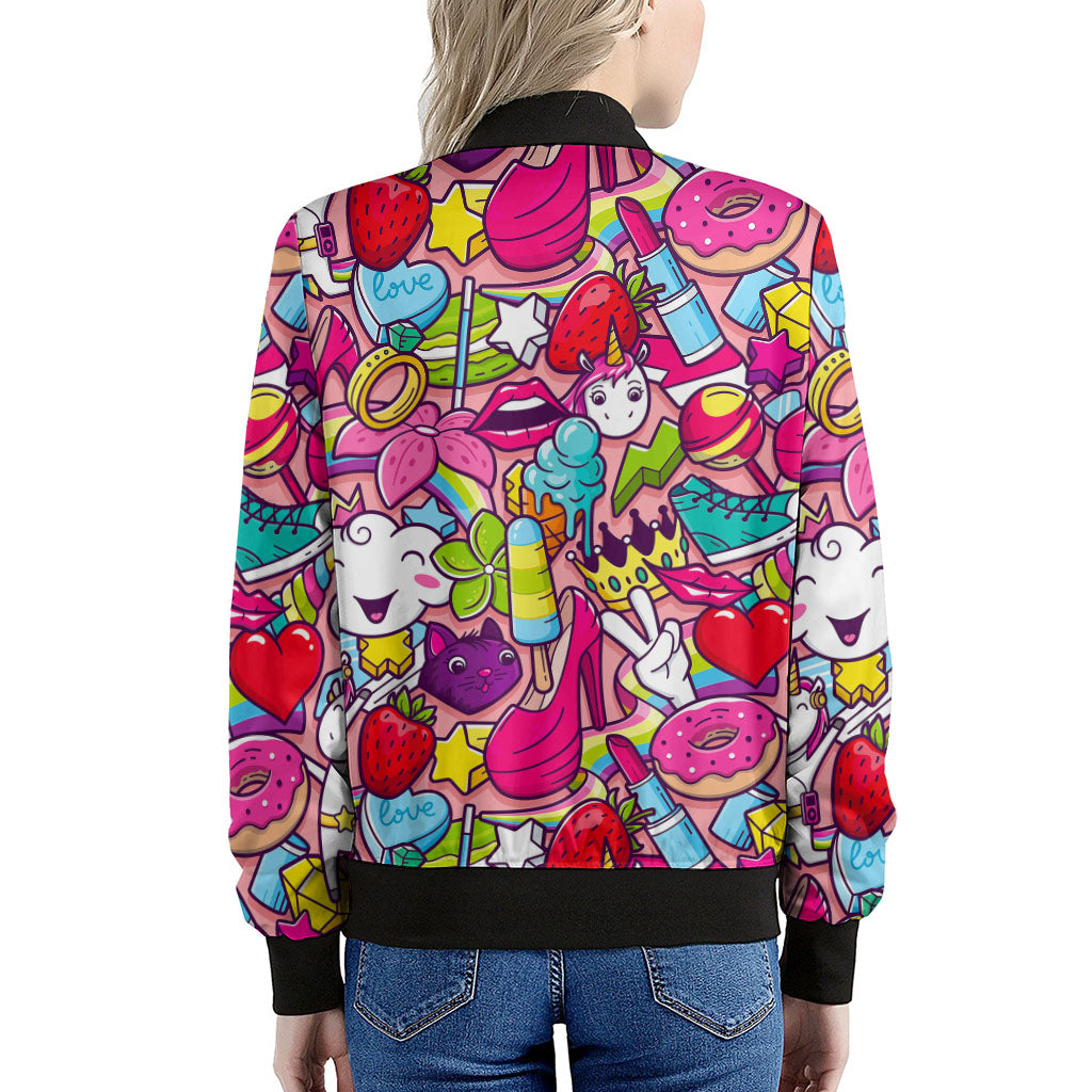 Girly Unicorn Cartoon Pattern Print Women's Bomber Jacket