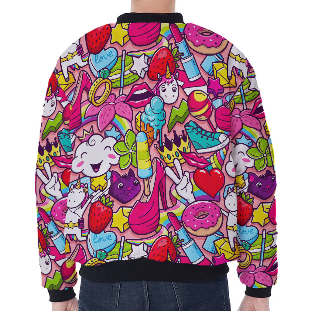 Girly Unicorn Cartoon Pattern Print Zip Sleeve Bomber Jacket