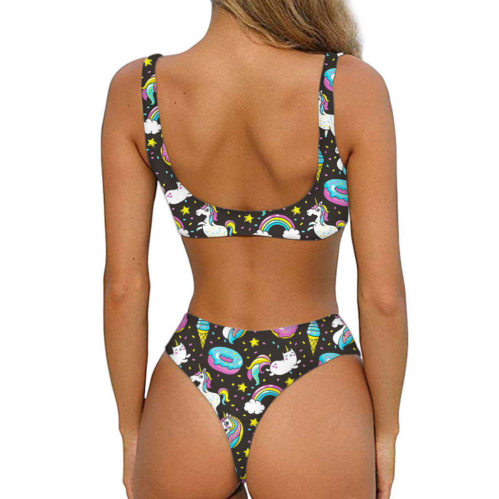 Girly Unicorn Donut Pattern Print Front Bow Tie Bikini