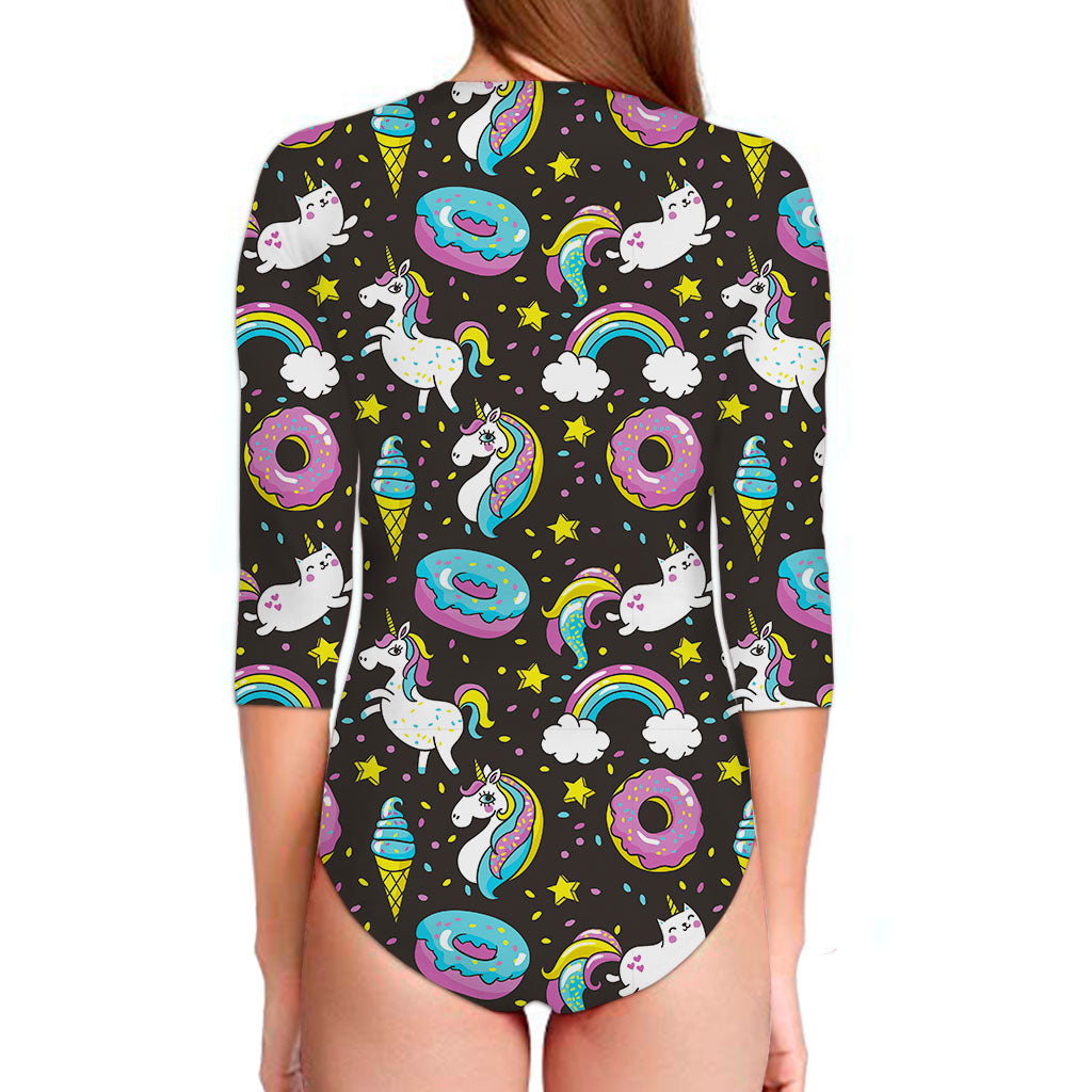 Girly Unicorn Donut Pattern Print Long Sleeve Swimsuit