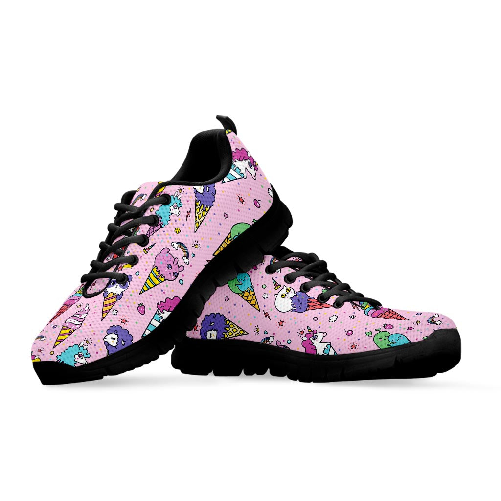 Girly Unicorn Ice Cream Pattern Print Black Running Shoes