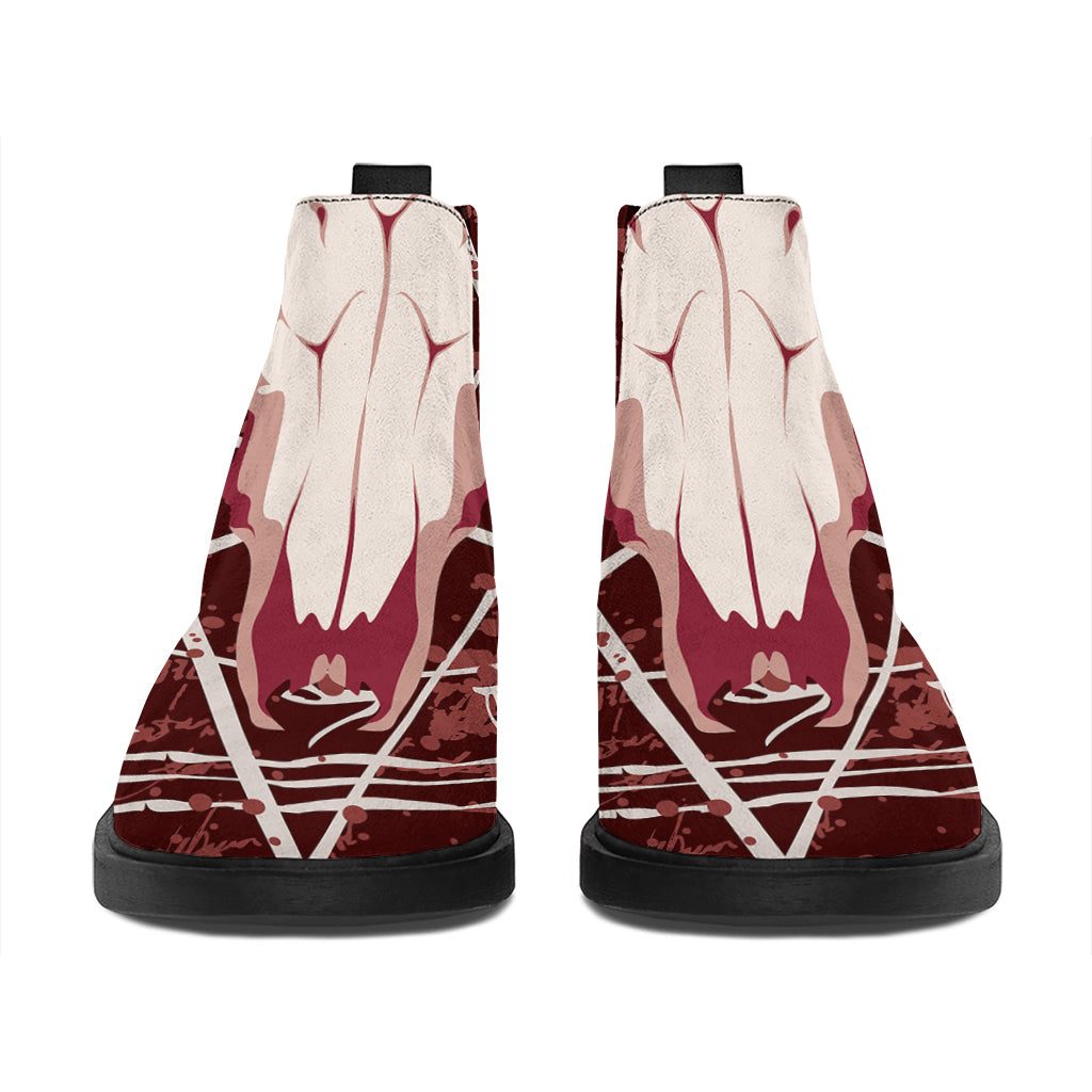 Goat Skull Pentagram Print Flat Ankle Boots