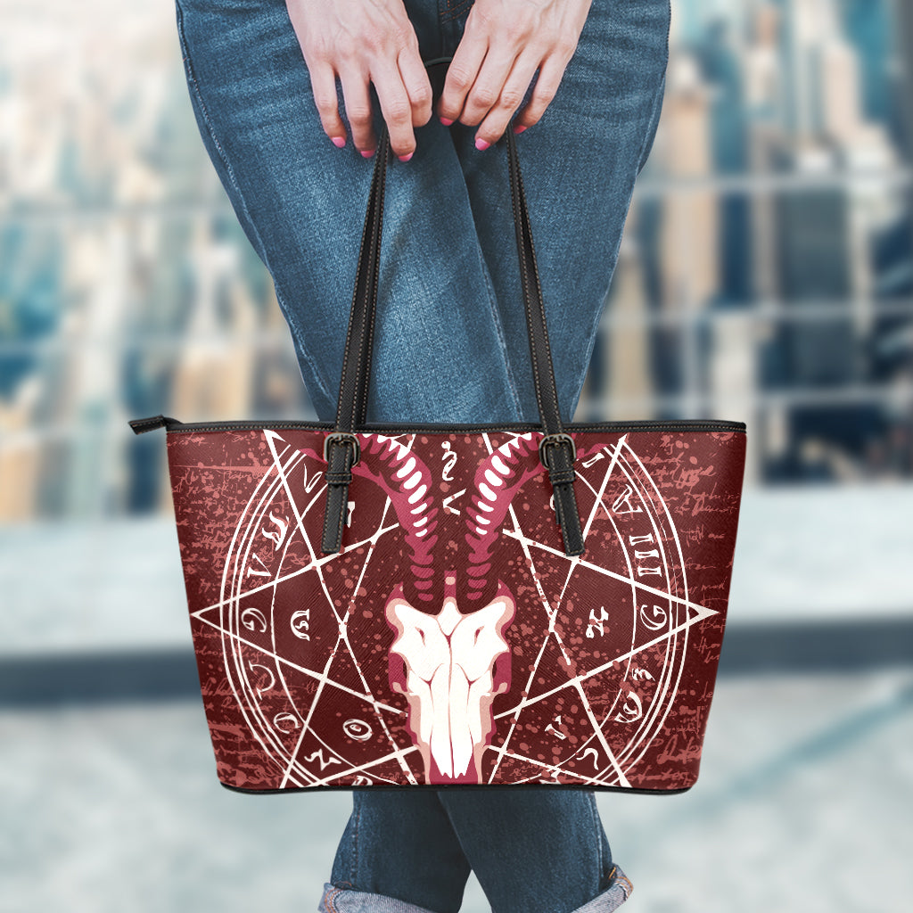 Goat Skull Pentagram Print Leather Tote Bag