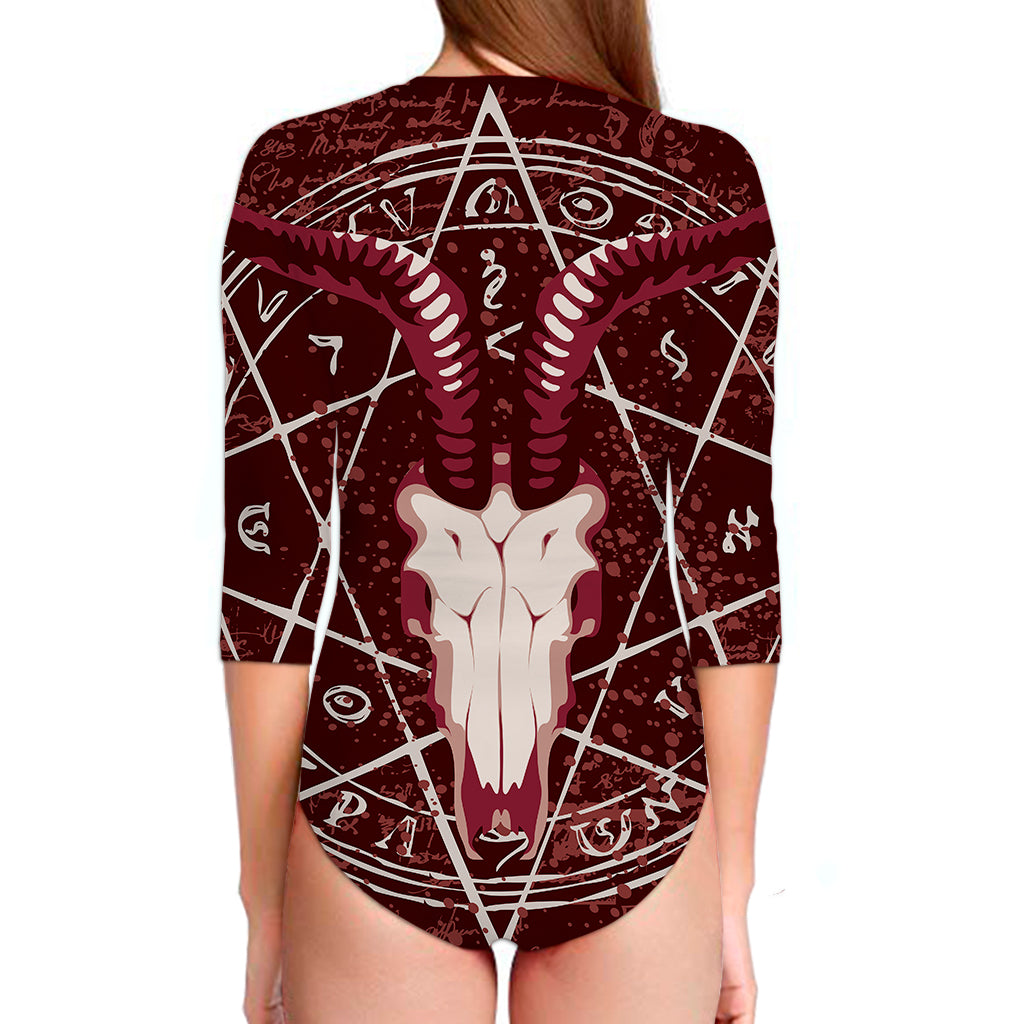 Goat Skull Pentagram Print Long Sleeve Swimsuit