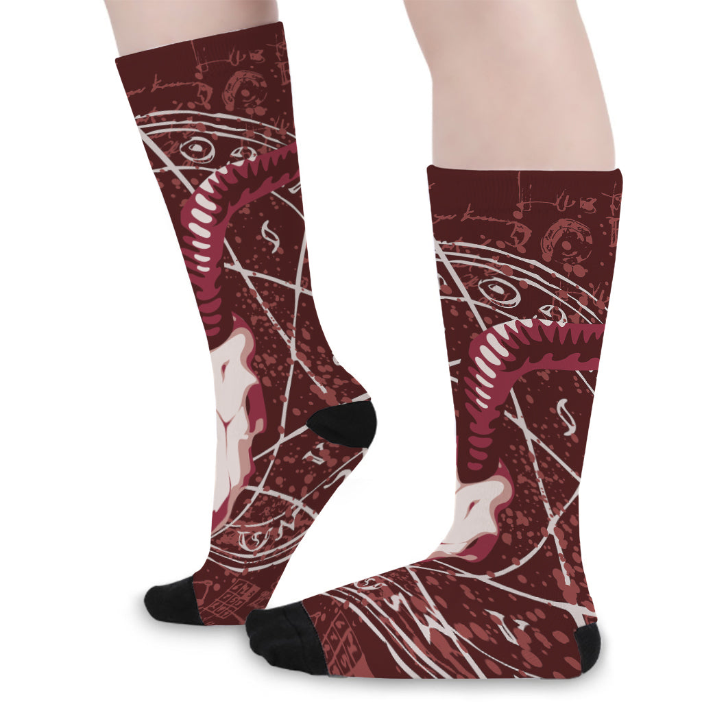 Goat Skull Pentagram Print Long Socks