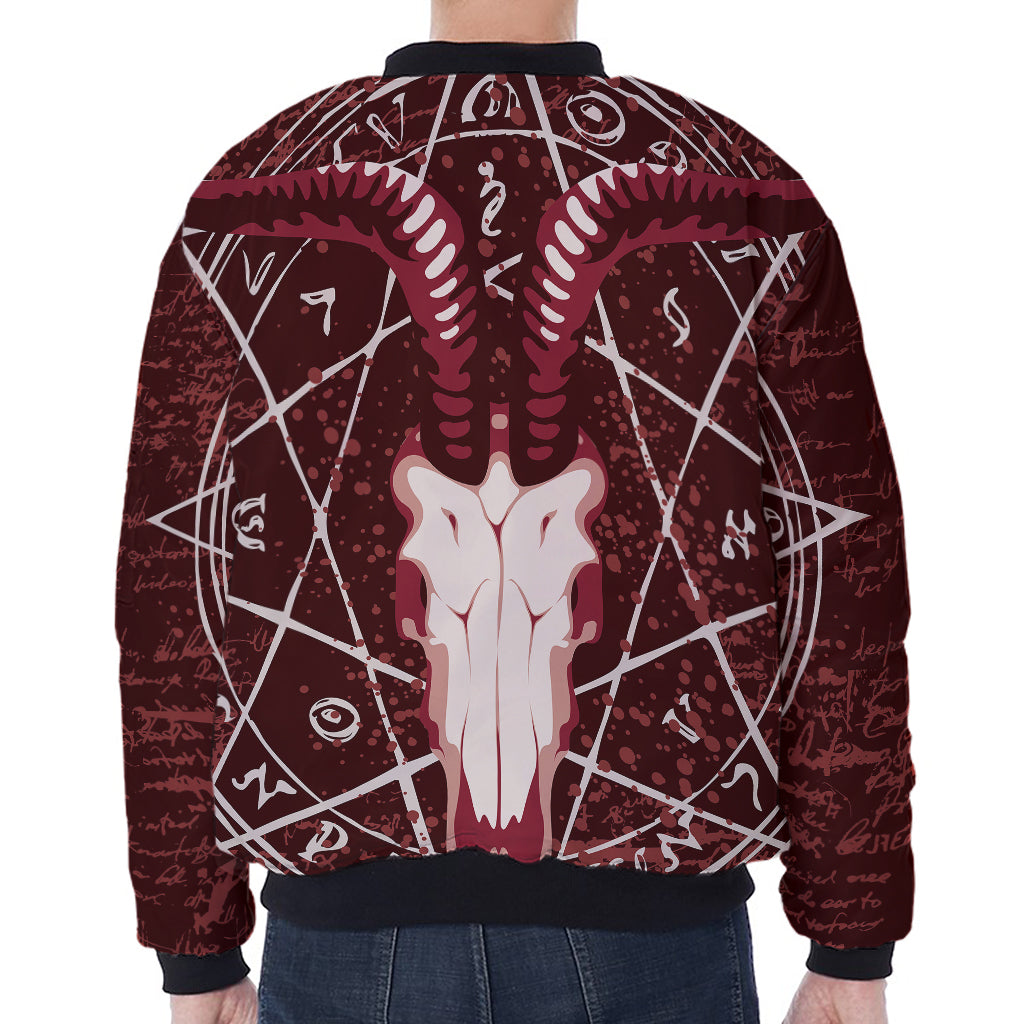 Goat Skull Pentagram Print Zip Sleeve Bomber Jacket