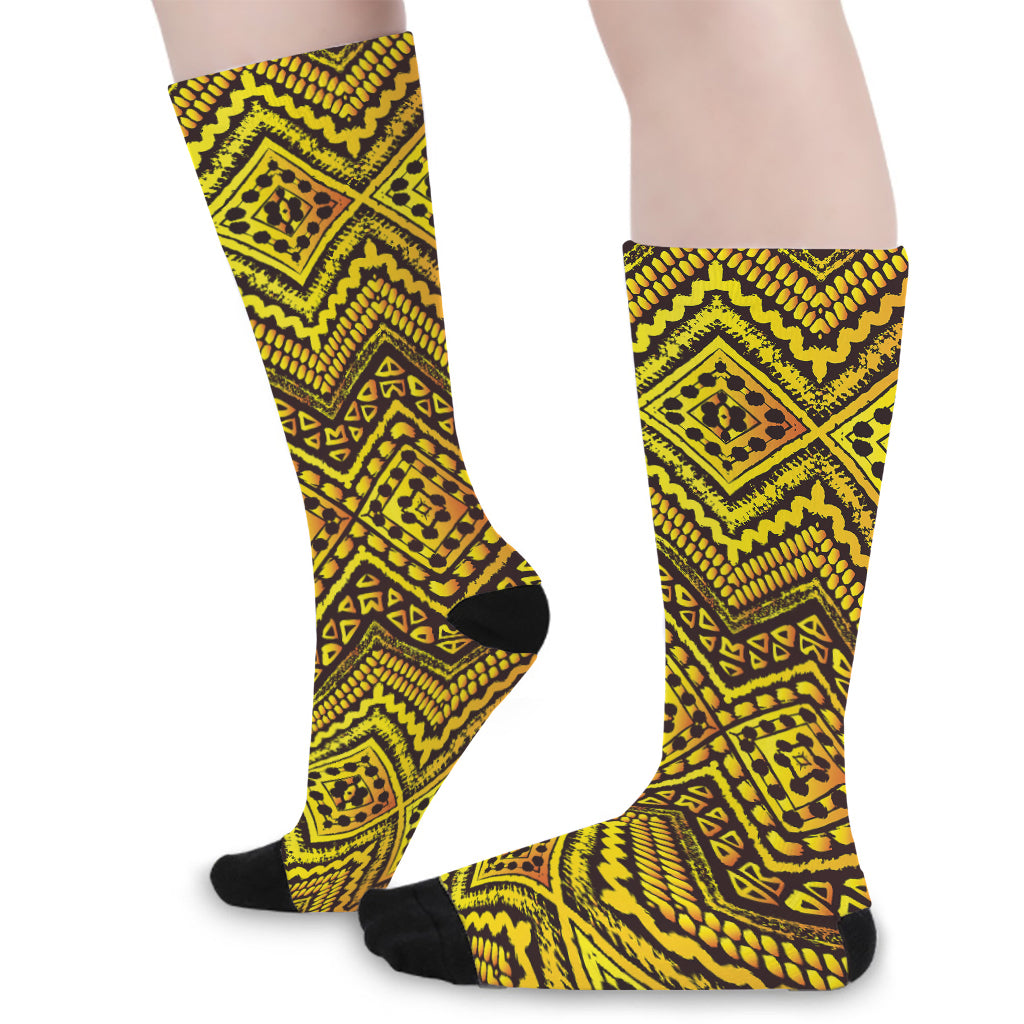 Gold African Ethnic Tribal Pattern Print Long Socks