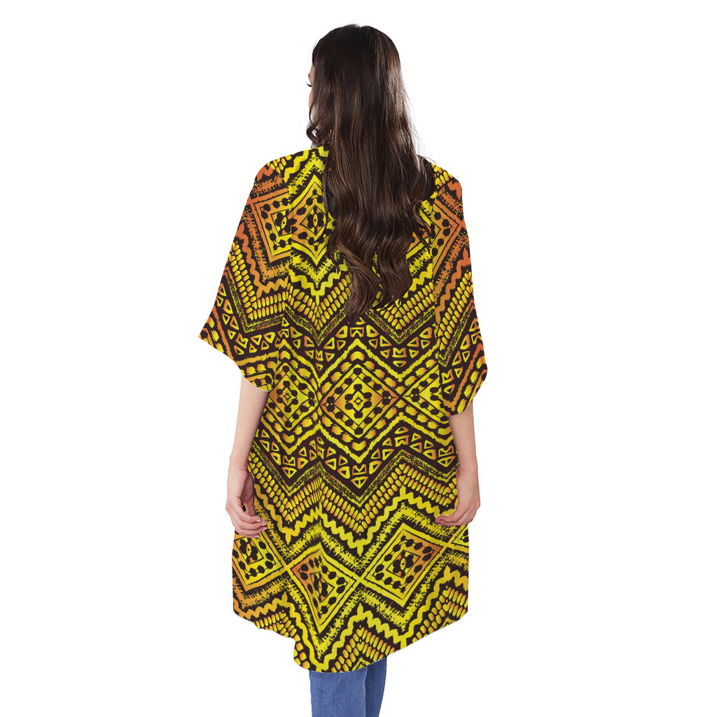 Gold African Ethnic Tribal Pattern Print Open Front Beach Cover Up