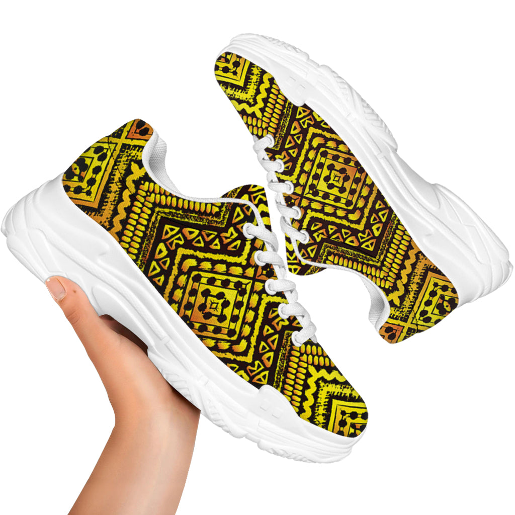 Gold African Ethnic Tribal Pattern Print White Chunky Shoes