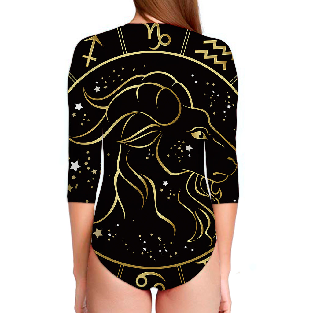 Gold And Black Capricorn Sign Print Long Sleeve Swimsuit